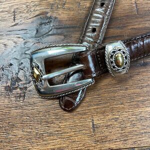 BRIGHTON brown leather western belt cowboy metal concho womens buckle